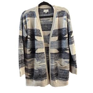 Lucky Brand Open Cardigan Women's S Aztec Southwestern Print Pockets Light Blue